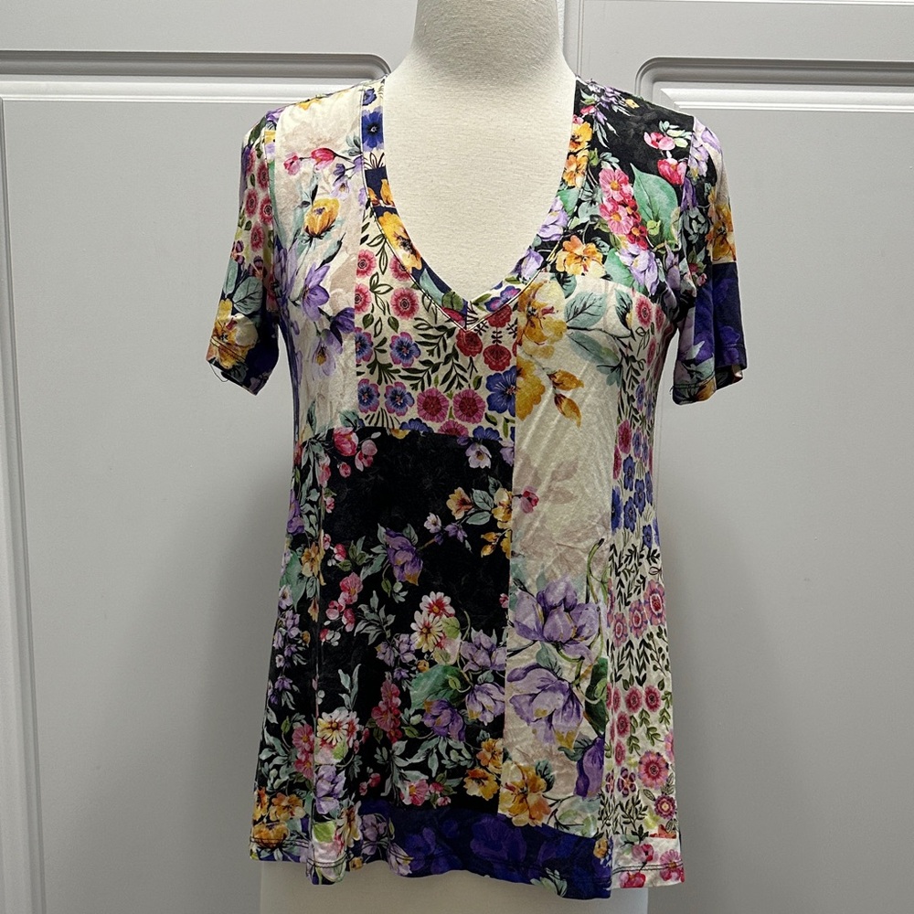 Johnny Was Multicolor Floral Patchwork V-Neck Top